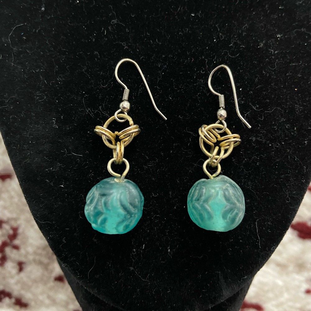 Two-Tone Transparent Blue Green Glass Pierced Drop Earrings